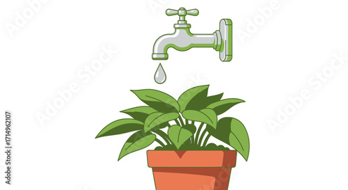 Cartoon Faucet Dripping Water onto Potted Green Plant.