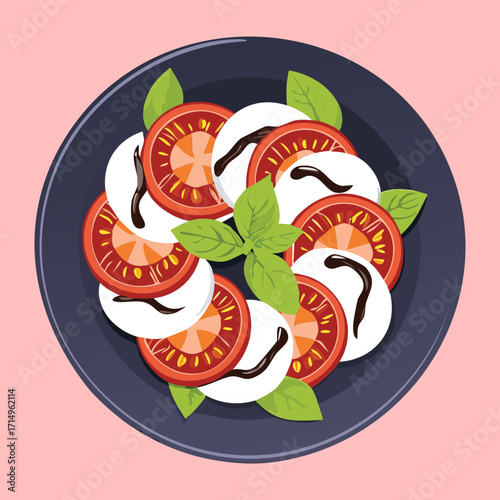 A classic caprese salad with fresh mozzarella, tomatoes, and basil on a black plate - Vector Illustration