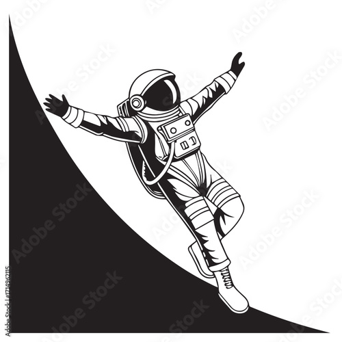An astronaut in a spacesuit is depicted sliding down a curved, dark surface, possibly representing a planet or celestial body, isolated on white background, with arms outstretched in a playful manner