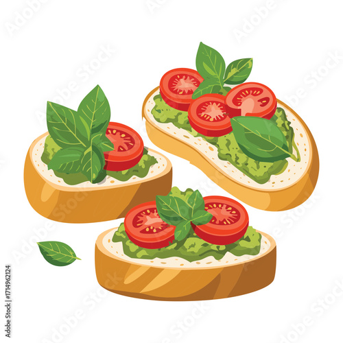 Bruschetta with fresh tomatoes, basil, and cheese, on toasted bread slices - Vector Illustration