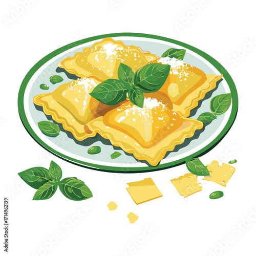 Classic italian ravioli with fresh basil, topped with shaved cheese on a green plate - Vector Illustration