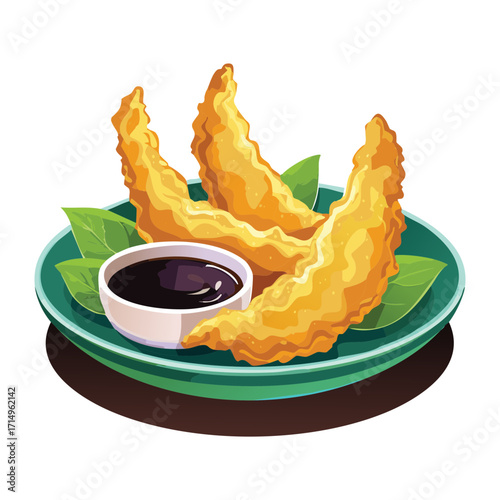 Crispy spring rolls with a flavorful dipping sauce, served on a dark plate - Vector Illustration