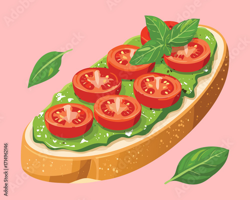 Delicious bruschetta with fresh tomatoes, basil, and cheese on toasted bread - Vector Illustration