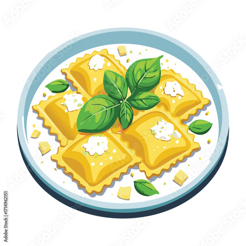 Delicate homemade ravioli with fresh basil and creamy sauce, on a stylish blue plate - Vector Illustration