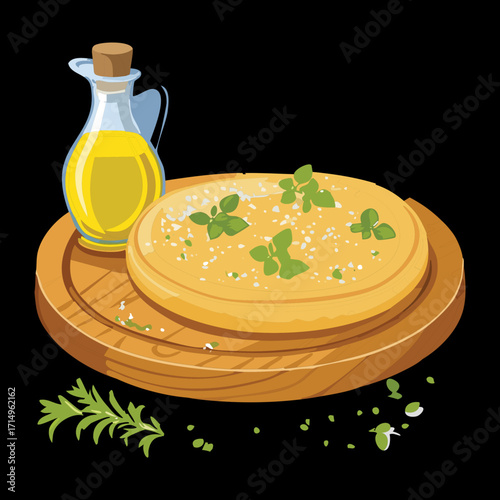 Classic hummus dip with olive oil and herbs, on a wooden plate - Vector Illustration