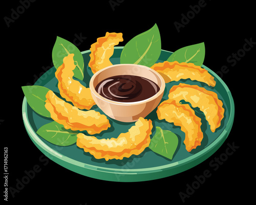 Delicious fried shrimp with a rich dipping sauce, served on a plate - Vector Illustration