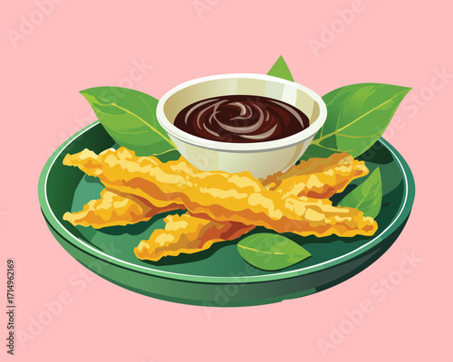Crispy french fries with a savory dipping sauce, presented on a green plate - Vector Illustration