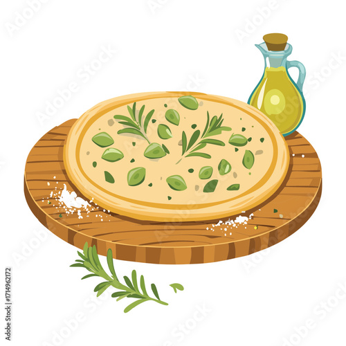 Homemade focaccia bread with rosemary and olive oil on a wooden cutting board - Vector Illustration