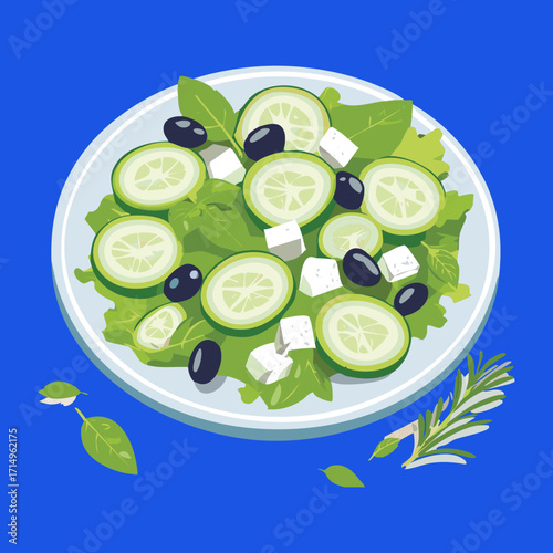A refreshing and healthy cucumber salad with olives, feta, and basil on a blue plate - Vector Illustration