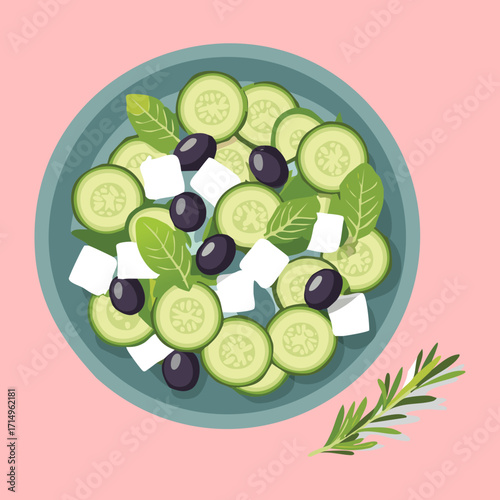 Refreshing cucumber and tomato salad with olives and feta cheese, in a stylish plate - Vector Illustration