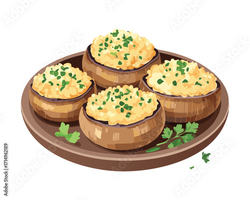 Tasty stuffed mushrooms with cheese and fresh herbs, served on a plate - Vector Illustration