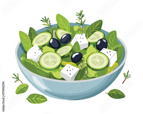  Healthy greek salad with olives, feta cheese, and fresh herbs in a bowl - Vector Illustration