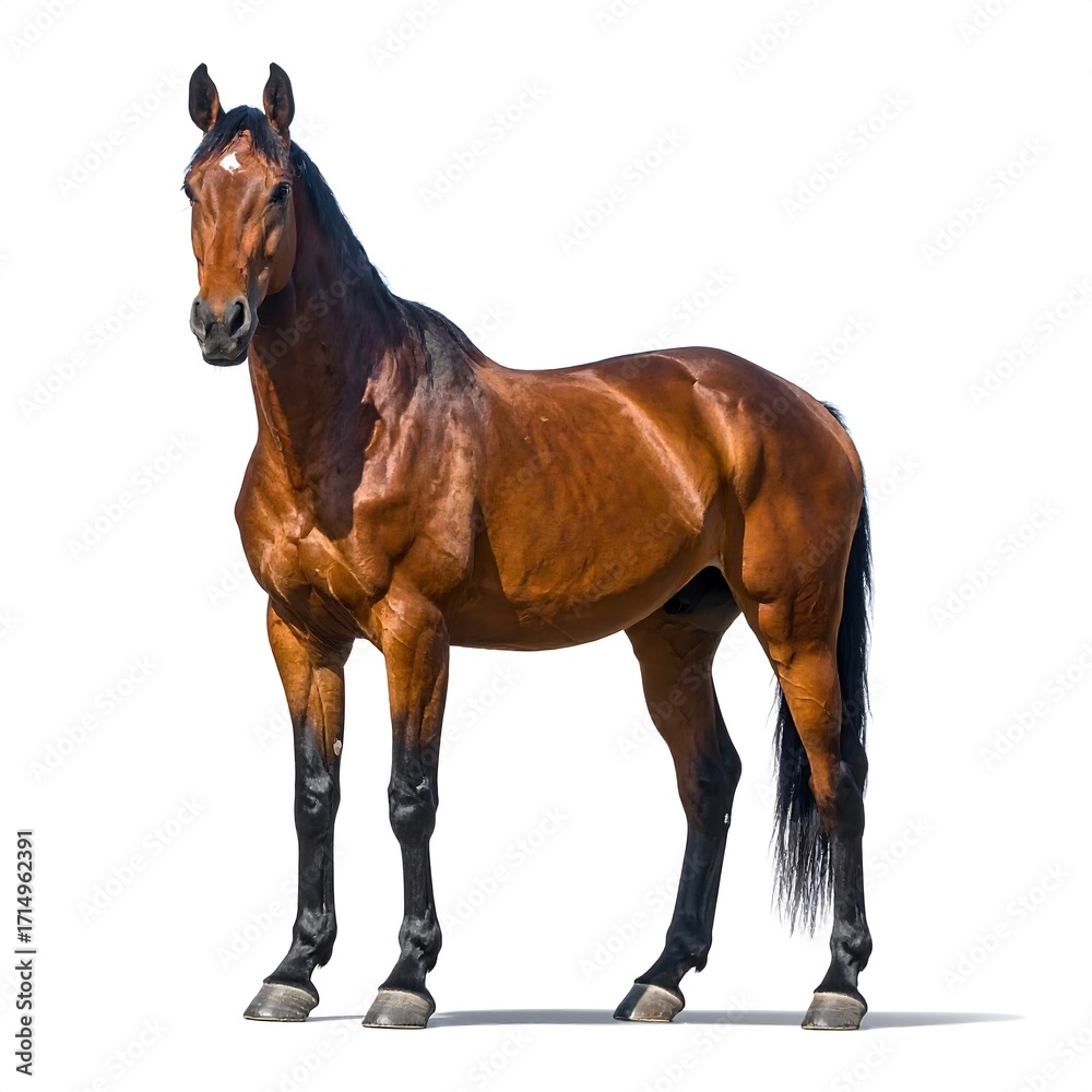 Fototapeta premium A strong, healthy brown horse stands majestically against a plain white background, showcasing its powerful physique and elegant posture.