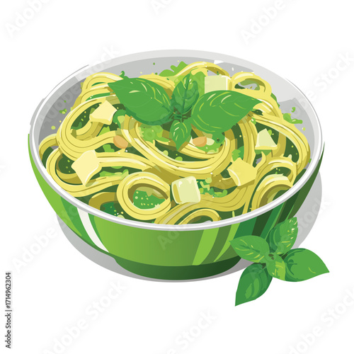 Delicious pasta with green pesto and fresh herbs. A great italian dish for a healthy and light meal - Vector Illustration
