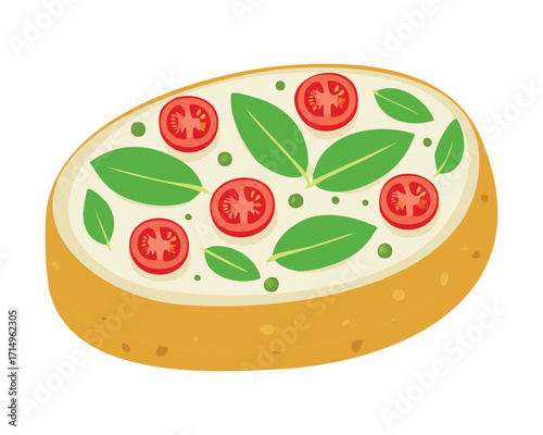 A delicious garlic bread with sliced tomatoes and fresh basil. A perfect appetizer or snack - Vector Illustration