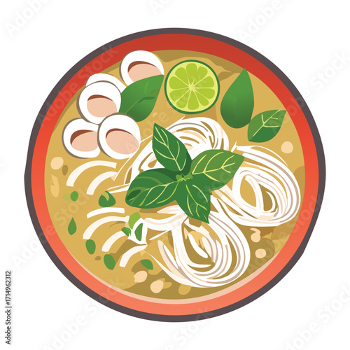 A bowl of fresh noodle soup with fresh herbs, vegetables, and meatballs. A tasty asian cuisine dish - Vector Illustration