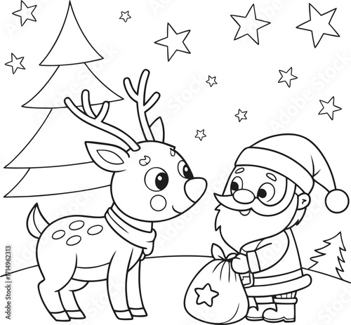 Santa Claus Illustration: A cheerful Santa Claus in his traditional red suit and carrying a large sack, presented with a colored version and a line art version. Perfect for Christmas cards