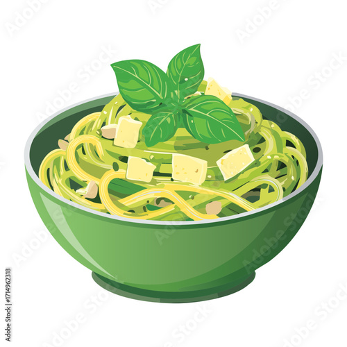 Fresh pasta with green pesto and basil. A delicious and healthy italian dish for a light meal - Vector Illustration