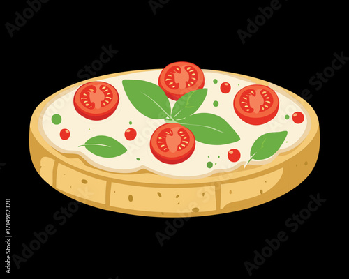 Savory flatbread with fresh tomatoes and basil. A healthy and delicious vegetarian appetizer - Vector Illustration