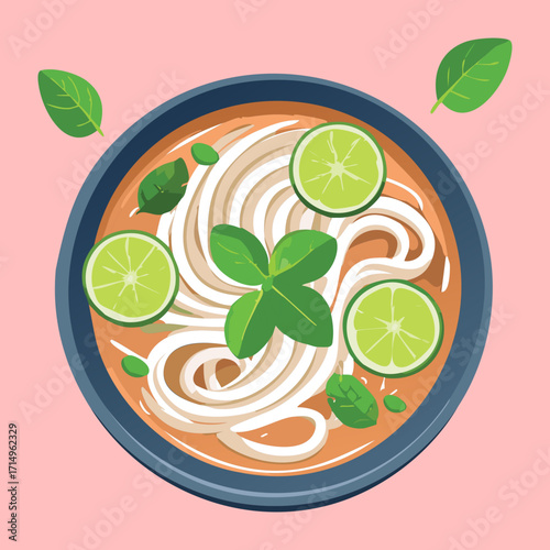 Delicious hot noodle soup with meatballs, vegetables, and fresh herbs. A perfect asian cuisine dish - Vector Illustration