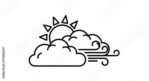 Outline Icon of Sun Partially Hidden by Clouds with Strong Wind.