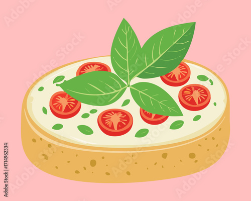Delicious flatbread with tomatoes and basil leaves. A perfect light meal or appetizer for a healthy diet - Vector Illustration