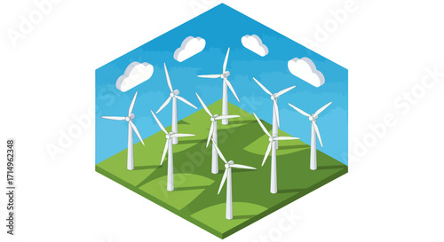 Isometric Illustration of Wind Turbines on Green Hills.