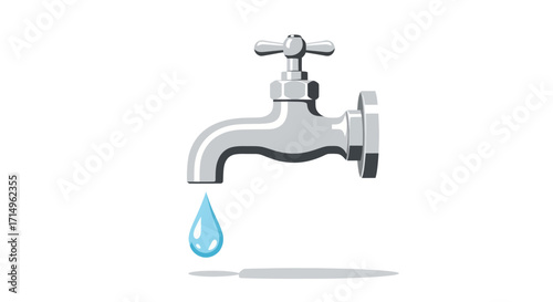 Silver Faucet with Dripping Water Drop Illustration.