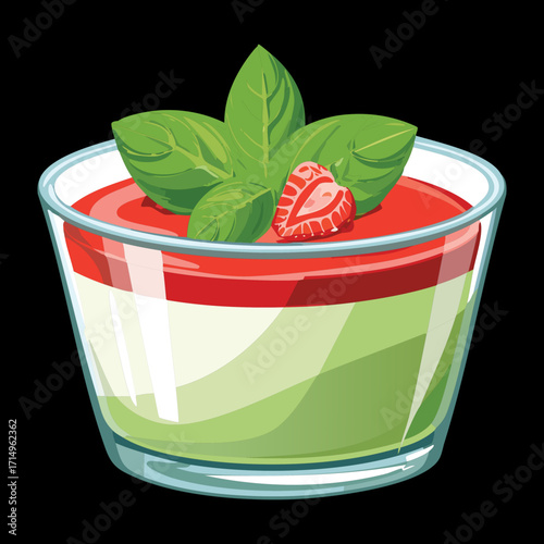 Creamy tomato soup with fresh basil leaves. A delicious appetizer or main course. Perfect for dinner - Vector Illustration