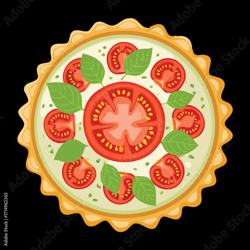  A savory tomato tart with basil leaves on a white plate. Fresh and healthy vegetarian food appetizer - Vector Illustration