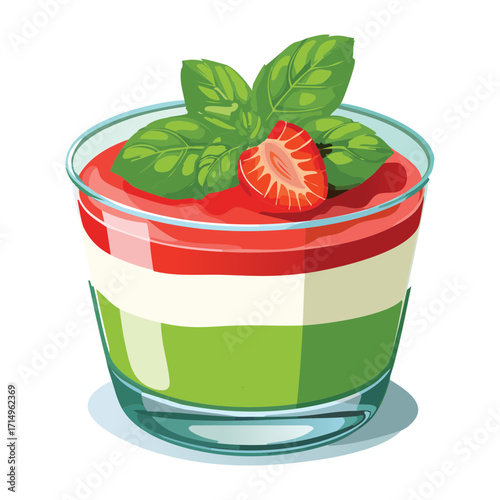 Delicious strawberry dessert with mint leaves in a beautiful glass bowl. A tasty fresh and sweet snack - Vector Illustration