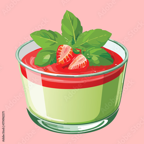 Strawberry dessert with mint leaves in a glass bowl. A fresh and sweet creamy snack for summer - Vector Illustration