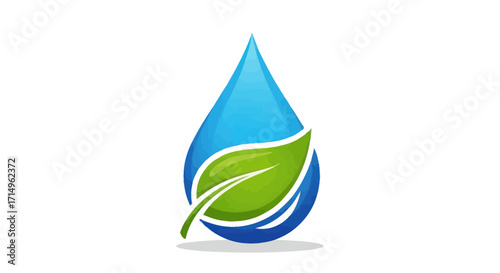 Vibrant blue water drop with fresh green leaf eco-friendly logo design.