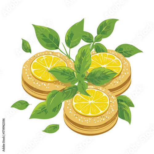 Lemon cheesecake with fresh mint leaves on top. A sweet and creamy dessert for a special occasion - Vector Illustration