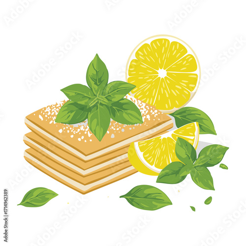 Stacked slices of japanese cheesecake with mint and lemon on top. Sweet and creamy dessert - Vector Illustration