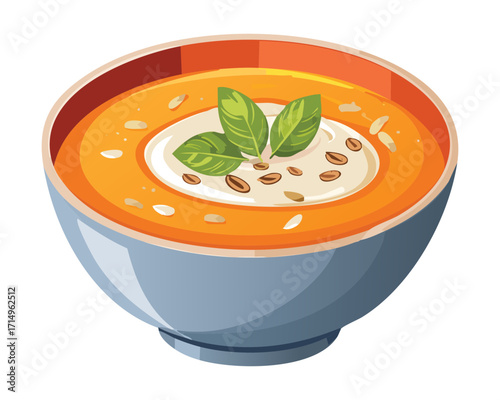 A delicious and comforting bowl of creamy pumpkin soup garnished with fresh herbs, perfect for autumn - Vector Illustration