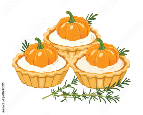  delicious mini pumpkin pies or tarts with whipped cream and mint, a lovely seasonal treat - Vector Illustration