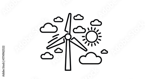 Simple Black and White Wind Turbine Icon Surrounded by Clouds and Sun.