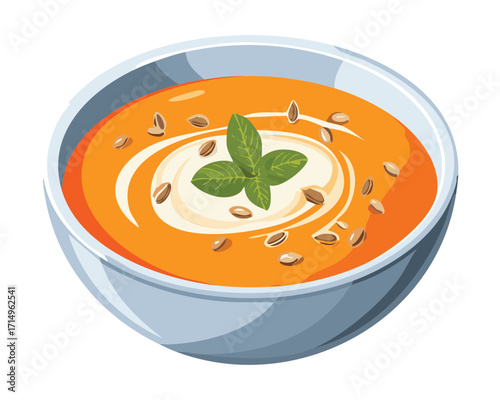A rich and comforting bowl of creamy pumpkin soup garnished with fresh herbs, a perfect autumn dish - Vector Illustration