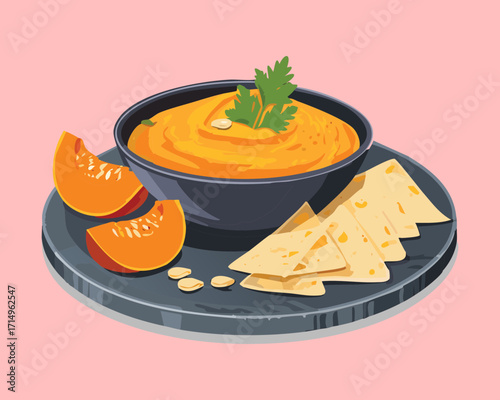 A bowl of creamy pumpkin soup with tortilla chips, perfect for a cozy autumn evening meal - Vector Illustration