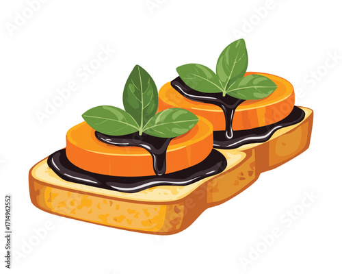 A delicious and healthy pumpkin toast with fresh mint leaves and sauce, a gourmet breakfast or snack - Vector Illustration