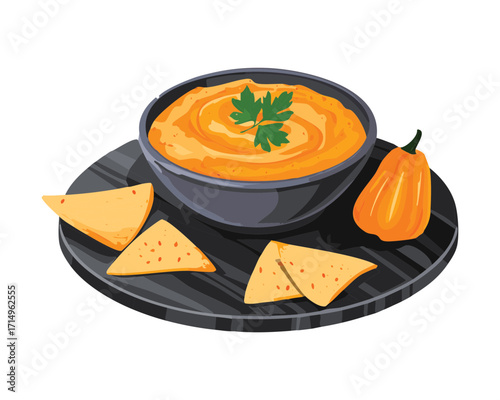 Creamy pumpkin soup served in a stylish black bowl with corn tortilla chips and garnishes, a cozy delight - Vector Illustration