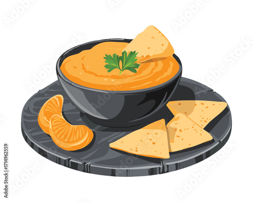 A rich and creamy pumpkin soup served in a black bowl with tortilla chips, a cozy autumn meal - Vector Illustration