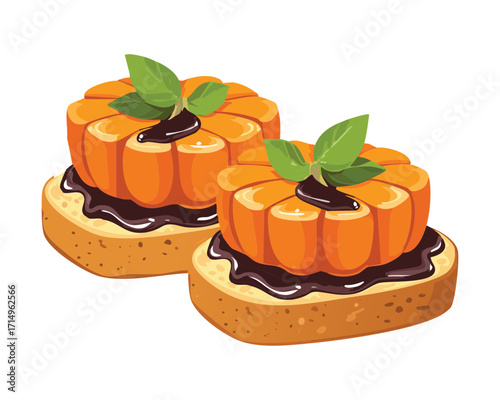 Two pumpkin toasts topped with fresh mint leaves and a drizzle of sweet sauce, an autumn food delight - Vector Illustration