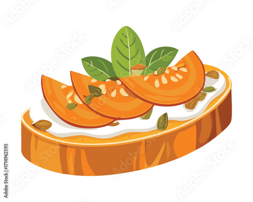 slices of delicious pumpkin toast with a smooth creamy spread, garnished with herbs and pepitas for a healthy meal - Vector Illustration