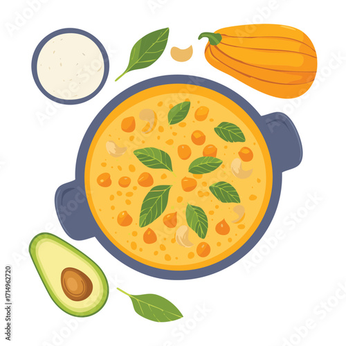 A savory pot of creamy pumpkin soup with fresh avocado slices and herbs, a wholesome and nutritious meal - Vector Illustration