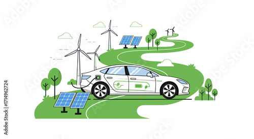 Electric Car Charging with Renewable Energy Sources on a Green Road.
