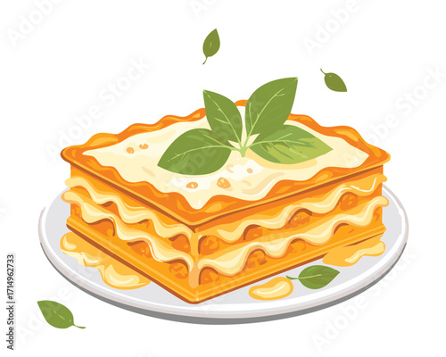 A mouthwatering slice of layered pumpkin lasagna, covered in a smooth cream sauce, and garnished with fresh basil - Vector Illustration