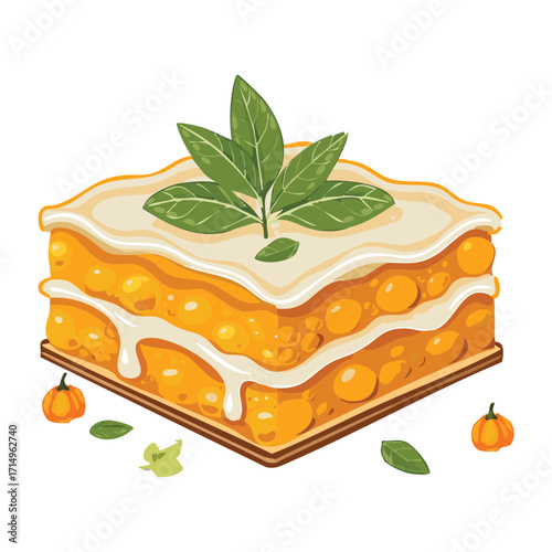 A golden slice of layered pumpkin lasagna, topped with creamy sauce and fresh basil, a comforting and hearty meal - Vector Illustration