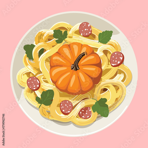 A bowl of creamy pumpkin pasta with sliced sausage and fresh basil leaves, a hearty and delightful dish - Vector Illustration
